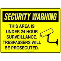 450x300mm - Poly - Security Warning This Area is under 24 Hour Surveillance.  Trespassers will be Prosecuted.
