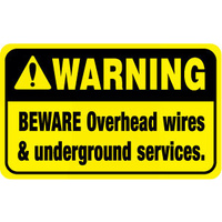 90x55mm - Self Adhesive - Sheet of 10 - Warning Beware Overhead Wires and Underground Services