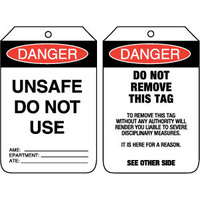Pkt of 100 Cardboard - Danger Unsafe Do Not Use