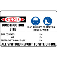 600X400mm - Poly - Danger Construction Site Head and Foot Protection Must Be Worn Etc.