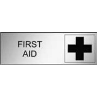 300x100 - Engraved Label - Black/Brushed Aluminium Traffilite - Adhesive Backed - First Aid (With Picto)